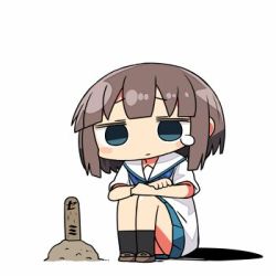 1girl blue_eyes brown_hair chibi commentary female_focus grave kanikama knees_up lowres original school_uniform serafuku short_hair sitting solo tearing_up tombstone translated white_background