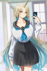Rule 34 | 1girl, absurdres, blonde hair, blue eyes, blue nails, blue sailor collar, breasts, cellphone, fingernails, fleurdelys (wuthering waves), highres, holding, holding phone, horns, long fingernails, long hair, neckerchief, panvyru, phone, pleated skirt, pointy ears, sailor collar, school uniform, serafuku, single horn, skirt, smartphone, taking picture, very long hair, wuthering waves, yellow horns