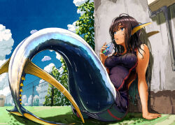 159cm 1girl black_hair blue_sky blue_tail blush chain-link_fence cloud commentary_request competition_swimsuit day drinking drinking_straw drinking_straw_in_mouth fence fins head_fins holding_juice_box long_hair mermaid monster_girl one-piece_swimsuit original shadow sitting sky solo swimsuit very_long_hair wet