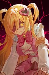 1girl armband black_background bow bowtie breasts commentary cracked_background don_quixote_(project_moon) e.g.o_(project_moon) glowing glowing_eye hair_ornament heart heart_hair_ornament highres in_the_name_of_love_and_hate_(e.g.o) limbus_company lobotomy_corporation_(identity)_(project_moon) long_hair long_sleeves looking_at_viewer open_mouth partially_shaded_face pink_bow pink_bowtie pink_skirt pink_vest project_moon ranya_(artiraia) shirt simple_background skirt solo symbol-only_commentary two_side_up vest white_shirt white_sleeves yellow_armband yellow_eyes