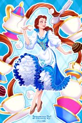 1girl beauty_and_the_beast_(disney) belle_(disney) brown_eyes brown_hair disney_princess dress earrings english_text full_body hair_bun highres jewelry long_hair looking_at_viewer ponsu_(ponzuxponzu) ponytail smile solo tagme