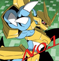 absurdres armor blue_skin colored_skin commentary digimon digimon_(creature) dragon fewer_digits gold_armor highres looking_at_viewer magnamon multicolored_skin red_eyes shoulder_armor solo upper_body white_skin yamamoto_zetta