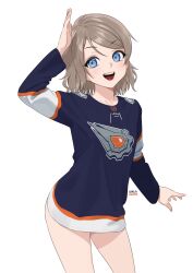 1girl absurdres artist_name blue_eyes carlo_montie edmonton_oilers grey_hair hand_up highres hockey_sweater jersey looking_at_viewer love_live! love_live!_sunshine!! medium_hair open_mouth simple_background solo watanabe_you white_background