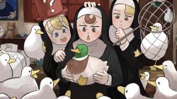 3girls :d ? ^_^ animal animal_on_hand animal_on_head bird blonde_hair blue_eyes book brown_eyes brown_hair chicken clinging closed_eyes clumsy_nun_(diva) commentary curtains diva_(hyxpk) door duck english_commentary folded_clothes froggy_nun_(diva) habit hand_net hand_on_another&#039;s_head hand_on_another&#039;s_shoulder hand_on_own_chin hat highres holding indoors little_nuns_(diva) lying mallard multiple_girls net nose_bubble nun on_bed on_head open_mouth painting_(action) pajamas picture_frame pillow red_scarf scarf silhouette sleeping slice_of_life smile sparkling_eyes spicy_nun_(diva) stuffed_animal stuffed_toy sunglasses sword teddy_bear top_hat traditional_nun triangle_mouth unworn_eyewear weapon yellow_eyes yellow_pajamas