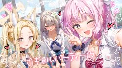 3girls alternate_costume alternate_hairstyle animal_ear_fluff animal_ears blonde_hair blue_archive blue_neckerchief blue_necktie blush bow bowtie braid breasts brown_hair character_name cleavage commentary_request crown_braid extra_ears fox_ears fox_girl gyaru highres indoors kuria_(clear_trip_second) large_breasts long_hair looking_at_viewer medium_breasts mika_(blue_archive) multiple_girls nagisa_(blue_archive) neckerchief necktie one_eye_closed open_mouth outstretched_arm pink_bow pink_bowtie pink_hair ponytail scrunchie seia_(blue_archive) shirt smile tea_party_(blue_archive) twintails v white_shirt wrist_scrunchie yellow_eyes