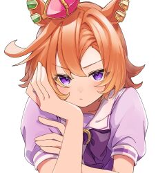 1girl amano_(amano_miko) animal_ear_piercing animal_ears bow bowtie closed_mouth collarbone commentary_request crown dot_nose hair_between_eyes hand_on_own_arm hand_on_own_face hand_up head_rest highres horse_ears horse_girl horseshoe_ornament light_blush light_frown looking_at_viewer mini_crown orange_hair puffy_short_sleeves puffy_sleeves purple_bow purple_bowtie purple_eyes purple_shirt sailor_collar sailor_shirt school_uniform shirt short_hair short_sleeves simple_background solo straight-on summer_uniform t.m._opera_o_(umamusume) tracen_school_uniform umamusume upper_body v-shaped_eyebrows white_background white_sailor_collar