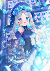 1girl :d bare_shoulders blue_bonnet blue_bow blue_butterfly blue_dress blue_eyes blue_flower blue_hair blue_sleeves blush bonnet bow bug butterfly cage colored_inner_hair commentary_request cowboy_shot detached_sleeves dress dress_bow flower frilled_bonnet frilled_dress frilled_gloves frilled_sleeves frills gloves grey_hair halterneck hand_on_own_chest head_wreath highres holding holding_cage ikari_(aor3507) insect long_hair looking_at_viewer multicolored_hair open_mouth original parted_bangs sleeveless sleeveless_dress smile solo sparkle twitter_username two-tone_hair watermark white_gloves wide_sleeves