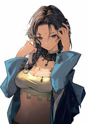Rule 34 | 1girl, absurdres, adjusting hair, bindi, black choker, black hair, blue coat, breasts, choker, cleavage, closed mouth, coat, cropped shirt, dark-skinned female, dark skin, facial mark, forehead mark, goguhaku, hair ornament, hands up, highres, impossible clothes, impossible shirt, kaalaa baunaa, long sleeves, looking at viewer, medium breasts, medium hair, open clothes, open coat, purple eyes, reverse:1999, shirt, solo, stomach, upper body, white background, yellow shirt