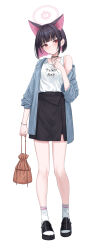 1girl alternate_costume animal_ears bag black_choker black_hair black_sandals black_skirt blue_archive blue_jacket blunt_bangs blunt_ends blush bracelet cat_ears choker closed_mouth clothes_writing collarbone colored_inner_hair commentary ear_piercing extra_ears full_body halo highres holding holding_bag jacket jewelry kazusa_(blue_archive) long_sleeves looking_at_viewer multicolored_hair off_shoulder open_clothes open_jacket piercing pink_hair pink_halo rama_(yu-light8) red_eyes ribbed_socks sandals shirt short_hair simple_background single_bare_shoulder skirt sleeveless sleeveless_shirt socks solo standing striped_clothes striped_jacket two-tone_hair white_background white_shirt white_socks