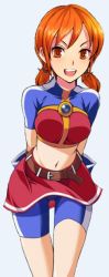 1girl arms_behind_back belt bike_shorts female_focus happy leaning_forward looking_at_viewer m.u.g.e.n matching_hair/eyes midriff miniskirt orange_eyes orange_hair shinzaki_maria short_twintails simple_background skirt smile solo the_king_of_fighters the_king_of_fighters_2003 twintails white_background