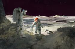2boys absurdres astronaut backpack bag black_sky camera crater dune_buggy highres hill holding holding_camera moon multiple_boys original rock scenery shadow sky space spacecraft spacesuit sun whaleoil