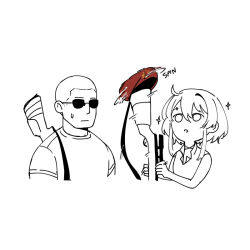 1boy 1girl :o bare_shoulders beret buzz_cut closed_mouth collared_shirt courier_(fallout:_new_vegas) craig_boone fallout fallout:_new_vegas gun hair_between_eyes hat holding holding_gun holding_weapon milramemo motion_blur noelle_(milramemo) parted_lips red_hat rifle scope shirt short_hair short_sleeves simple_background single_hair_intake sleeveless sleeveless_shirt small_sweatdrop sniper_rifle sparkle spinning spot_color sunglasses sweat unworn_hat unworn_headwear upper_body very_short_hair weapon white_background