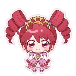 1girl ahoge artist_name blush bow chest_bow chibi chibi_only closed_mouth commentary crest dress dress_bow drill_hair earrings fine_(futagohime) fine_(prominence_dress_up)_(futagohime) frilled_dress frilled_sleeves frills full_body fushigiboshi_no_futago_hime gold_tiara gown hair_between_eyes hair_ornament heart heart_print high_collar highres jewelry long_hair long_sleeves looking_at_viewer magical_girl mary_janes medallion no_nose outline overskirt pantyhose pink_dress pink_outline pink_shoes red_eyes red_hair shoes simple_background smile solo standing star_(symbol) star_earrings star_hair_ornament sun_print supportasse tiara twin_drills two-tone_dress umiyuki_(umi_chu) white_background white_bow white_dress white_pantyhose white_sleeves wide_sleeves