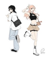2girls absurdres bag black_choker black_eyes black_footwear black_hair black_shirt black_shorts blue_pants choker closed_mouth commentary crop_top denim earrings english_commentary food fruit glaring glasses handbag highres jeans jewelry lemon lemonsoju long_hair middle_finger midriff multiple_girls navel one_eye_closed open_mouth original pants pink_hair pink_skirt ring shirt shoes short_sleeves shorts shorts_under_skirt simple_background skirt sleeveless sleeveless_shirt smile sneakers twitter_username v white_background white_footwear