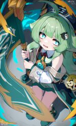 1girl ahoge animal_ears bell blue_eyes blue_hat bright_pupils chromatic_aberration collared_dress commentary_request commission detached_sleeves dianzi dress flag fox_ears fox_girl green_dress green_hair green_shoes hat highres holding holding_flag honkai:_star_rail honkai_(series) huge_ahoge huohuo_(honkai:_star_rail) kashu_(hizake) long_hair long_sleeves looking_to_the_side multicolored_eyes neck_bell neck_ribbon open_mouth paw-shaped_pupils red_ribbon ribbon shoes sidelocks skeb_commission sleeveless sleeveless_dress solo sweat symbol-shaped_pupils two-tone_eyes very_long_hair white_pupils white_sleeves yellow_eyes yin_yang_hair_ornament