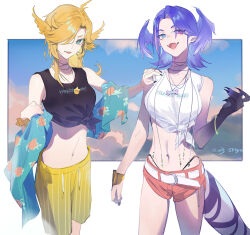 2girls alternate_costume alternate_hairstyle aqua_eyes aqua_shirt asymmetrical_arms belt bird black_nails black_shirt blonde_hair blue_eyes bracelet cloud cloudy_sky cowboy_shot dokibird dokibird_(summer) dragon_girl dragon_tail fang feather_hair hair_over_one_eye hand_on_another&#039;s_shoulder hawaiian_shirt head_wings heterochromia indie_virtual_youtuber jewelry kistina long_hair looking_at_viewer medium_hair multiple_girls navel necklace nijisanji nijisanji_en official_alternate_costume official_alternate_hairstyle open_mouth parted_bangs print_shirt purple_eyes purple_hair purple_tail purple_wings red_shorts scrunchie selen_tatsuki shirt short_shorts shorts signature skin_fang sky standing swept_bangs tail tied_tank_top virtual_youtuber white_belt white_shirt wings wrist_scrunchie yellow_bird yellow_swim_trunks