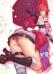 1girl absurdres ass black_boots boots braid commentary_request from_behind green_eyes highres holding holding_umbrella long_hair looking_at_viewer nicchi panties red_hair red_panties school_uniform smile solo standing standing_on_one_leg twin_braids ukinami_yuzuha umbrella underwear very_long_hair zenless_zone_zero