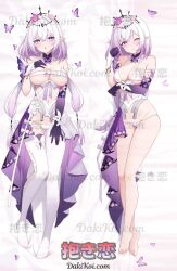 bikini breasts bug butterfly castorice_(honkai:_star_rail) crown dakimakura_(medium) dress full_body gloves highres honkai: honkai:_star_rail honkai_(series) insect large_breasts legs_apart one_eye_closed pointy_ears purple_dress purple_gloves purple_hair short_hair socks swimsuit toeless_legwear white_bikini white_hair white_socks