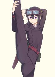 Rule 34 | 1girl, absurdres, belt, belt pouch, black hair, black jacket, black pants, brown belt, closed mouth, commentary request, cowboy shot, crossdressing, crossdressing (mtf), expressionless, goggles, goggles on head, grey background, highres, jacket, kino (kino no tabi), kino no tabi, kokuya (kokuya28), long sleeves, looking at viewer, pants, pouch, purple eyes, simple background, solo, split, standing, standing on one leg, standing split