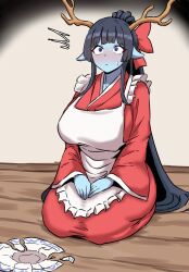 1girl ^^^ absurdres antlers apron black_hair blue_eyes blue_skin blush borrowed_character bow breasts broken_plate colored_skin commentary corinna21210534 eastern_dragon_maid_(murgoten) english_commentary frilled_apron frills full_body hair_bow hands_on_own_knees highres horns huge_breasts indoors japanese_clothes kimono long_hair long_sleeves maid maid_apron original plate ponytail red_bow red_kimono seiza sitting solo sweatdrop v_arms very_long_hair wa_maid white_apron wide_sleeves