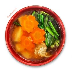 bowl carrot_slice food food_focus from_above highres mitomaton no_humans original realistic simple_background soup still_life twitter_username white_background zouni_soup