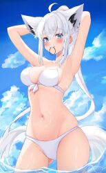 1girl absurdres ahoge alternate_costume alternate_hairstyle animal_ear_fluff animal_ear_piercing animal_ears armpit_focus armpits arms_behind_head arms_up bare_arms bikini blue_sky blush braid breasts choumiryou closed_mouth cloud collarbone extra_ears fox_ears fox_girl fox_tail hair_between_eyes hair_tie_in_mouth highres hololive large_breasts long_hair looking_at_viewer mouth_hold navel ponytail presenting_armpit shirakami_fubuki side_braid sky smile solo stomach sweat swimsuit tail very_long_hair virtual_youtuber white_bikini white_hair