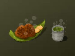 butter cup food food_focus fried_rice green_background green_tea highres hisachan55cute leaf no_humans onigiri original pixel_art scenery simple_background steaming_food sticky_rice tea