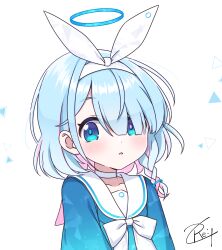 1girl absurdres arona_(blue_archive) blue_archive blue_eyes blue_hair blue_halo blue_pupils blue_shirt blush bow_hairband braid choker colored_inner_hair hair_over_one_eye hairband halo highres long_sleeves looking_to_the_side mntt_re4 multicolored_hair neckerchief open_mouth sailor_collar school_uniform shirt short_hair single_braid solo white_background white_choker white_hairband white_neckerchief white_sailor_collar