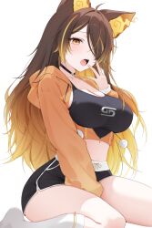 1girl absurdres ahoge animal_ears between_legs black_choker black_shirt black_shorts black_tank_top blonde_hair breasts brown_hair choker cleavage crop_top dolphin_shorts fiery_ears gradient_hair hair_over_one_eye hand_between_legs highres hood hood_down hooded_jacket indie_virtual_youtuber jacket kneeling large_breasts long_sleeves midriff multicolored_hair open_mouth orange_jacket pom_pom_(clothes) shirt short_shorts shorts sinder_(vtuber) sinder_(vtuber)_(pyro_pajamas) sleeveless sleeveless_shirt socks solo streaked_hair tank_top thighs unzipped white_background white_socks wolf_ears wolf_girl yellow_eyes yumiewuri zipper