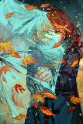1girl artist_name autumn autumn_leaves blue_coat blue_umbrella coat commentary covered_mouth english_commentary eyelashes field fingernails green_eyes grey_scarf highres holding holding_umbrella leaf liquid_umbrella long_hair long_sleeves night night_sky orange_hair original outdoors scarf sky solo striped_clothes striped_scarf umbrella vertical-striped_clothes vertical-striped_scarf water_drop watermark wind wind_lift yuumei