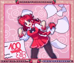 1girl alternate_costume artist_name blush braid comet_summoner98 cross drawing_(object) dress english_text floral_background long_hair long_sleeves okazaki_yumemi paper pixel_art red_cross red_eyes red_hair skirt smile solo touhou touhou_(pc-98)