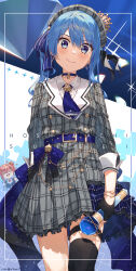 2girls ^_^ absurdres anemachi belt beret black_gloves black_thighhighs blue_choker blue_eyes blue_hair blush bracelet breasts character_name choker closed_eyes closed_mouth cowboy_shot crown fingerless_gloves gloves glowstick grey_hat grey_jacket grey_skirt hair_between_eyes hair_ribbon hat highres holding holding_microphone hololive hoshimachi_suisei hoshimachi_suisei_(1st_costume) jacket jewelry looking_at_viewer medium_hair microphone mini_crown multiple_girls open_mouth pink_hair plaid_clothes plaid_hat plaid_jacket plaid_skirt pleated_skirt puzzle_piece ribbon side_ponytail signature single_thighhigh skirt small_breasts smile solo_focus sparkle star_(symbol) star_in_eye symbol_in_eye thigh_strap thighhighs thighs tsukino_(nakajimaseiki) virtual_youtuber