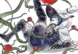 1boy akxuyk blood blue_eyes blue_hair boots camille_(project_moon) cape flower full_body fur_collar fur_trim gloves hat highres holding leg_up limbus_company long_hair male_focus open_mouth plant project_moon red_flower red_rose rose short_hair simple_background solo sweat vines white_background white_cape