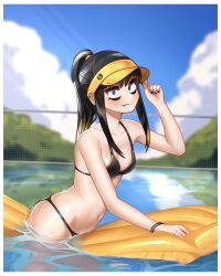 1girl bikini black_bikini black_eyeliner black_eyes black_hair black_nails blue_sky breasts cloud day eyeliner eyeshadow fang high_ponytail highres inflatable_raft looking_at_viewer makeup navel net offkair original outdoors ponytail pool sky small_breasts solo swimsuit visor_cap water