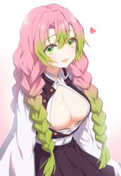 1girl absurdres blush braid breasts cleavage cowboy_shot female_focus gradient_background gradient_hair green_eyes green_hair haori heart hibiwa highres japanese_clothes kanroji_mitsuri kimetsu_no_yaiba large_breasts long_hair long_sleeves looking_at_viewer mole mole_under_eye multicolored_hair multiple_braids open_clothes pink_hair smile solo