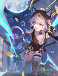1girl 2others absurdres animal_ear_fluff animal_ears animal_hood black_gloves black_leotard blue_eyes boots breasts cat_ears cat_girl cat_hood cat_tail cipher_(honkai:_star_rail) cleavage coin fingerless_gloves full_moon gloves gold_boots gold_coin grey_hair highres holding holding_coin honkai:_star_rail honkai_(series) hood hooded_leotard kuroi_taimu leotard medium_breasts mole mole_on_breast moon multiple_others night night_sky open_mouth outdoors short_hair_with_long_locks shorts sky tail thighs white_shorts