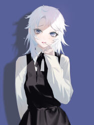 1girl absurdres chainsaw_man commentary crying crying_with_eyes_open dress famine_devil_(chainsaw_man) fourth_east_high_school_uniform highres ivdimension messy_hair ringed_eyes school_uniform sleeveless sleeveless_dress solo tears white_hair