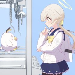 Rule 34 | 1girl, alternate hairstyle, backpack, bag, blonde hair, blue archive, blue background, blue sailor collar, blue skirt, bow, bowtie, brown eyes, cardigan, commentary request, crane game, floating hair, frilled skirt, frills, from side, hair bow, halo, hifumi (blue archive), highres, kyousuke (orcein), light blush, long hair, looking at object, low ponytail, peroro (blue archive), pleated skirt, ponytail, sailor collar, skirt, solo, sweatdrop, white bag, white cardigan, yellow bow, yellow bowtie, yellow halo