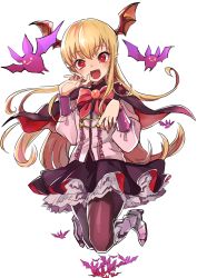 10s 1girl bat_(animal) black_pantyhose blonde_hair capelet fang female_focus frilled_skirt frills granblue_fantasy head_wings hibimegane highres jumping long_hair open_mouth pantyhose petticoat pointy_ears red_eyes shingeki_no_bahamut skirt solo underskirt vampire vampy wings