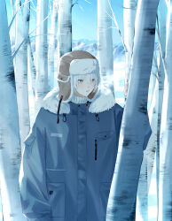 1boy absurdres bare_tree birch_tree blue_jacket blue_sky breath brown_hair commentary english_commentary fur-trimmed_jacket fur_trim grey_eyes hair_between_eyes hama_m hat highres jacket male_focus open_mouth original outdoors short_hair sky solo teeth tree upper_teeth_only ushanka white_hair