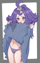 1girl acerola_(pokemon) blue_eyes blush border clothes_lift commentary cowboy_shot dress dress_lift flipped_hair grey_border grey_dress grey_panties hair_ornament haloh hands_up highres lifting_own_clothes looking_down mouth_hold navel nintendo outside_border panties pokemon pokemon_sm purple_hair solo stitches topknot torn_clothes torn_dress underwear white_background