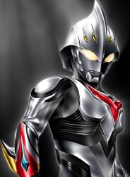 1boy alien arm_guards armor black_skin breastplate color_timer colored_skin commentary compound_eyes dark_background dorsal_fin glowing glowing_eyes gradient_eyes grey_background grey_skin hanejidyna86 head_down highres looking_down male_focus multicolored_eyes multicolored_skin pectorals silver_skin solo standing tokusatsu toned toned_male ultra_series ultraman_nexus ultraman_nexus_(series) ultraman_nexus_anphans upper_body white_eyes wrist_blades yellow_eyes