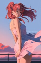 1girl bare_shoulders breasts brown_eyes brown_hair closed_mouth cloud commentary dress earrings english_commentary highres jewelry kujikawa_rise long_hair looking_at_viewer persona persona_4 robusta_mania skirt solo sunset twintails white_dress wind