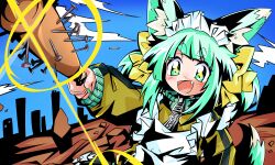 +_+ 1girl :d absurdres animal_ear_fluff animal_ears aqua_hair bakunyuu_gorilla baseball_bat blue_sky blush cloud commentary_request day dot_nose eyelashes fang fox_ears fox_girl fox_tail glint green_eyes green_nails highres holding holding_baseball_bat long_sleeves maid_headdress nail_(hardware) nail_bat open_mouth original outdoors rust sky smile solo tail thick_eyebrows ttgl_eyecatch turtleneck upper_body zipper