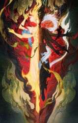 1boy ao_bing_(nezha_zhi_motong_jiangshi) barefoot black_hair black_pants burning chinese_commentary closed_eyes colored_skin dark-skinned_male dark_skin dragon eastern_dragon extra_arms facial_tattoo fingernails fire floating floating_hair full_body glowing hagoromo hand_up hands_up highres implied_yaoi long_hair male_focus multicolored_hair multicolored_pants multicolored_skin nezha_(nezha_zhi_motong_jiangshi) nezha_zhi_motong_jiangshi outstretched_arm outstretched_arms pants reaching sharp_fingernails shawl short_hair shoulder_tattoo solo spirit tattoo toned toned_male topless_male white_hair white_pants yinzinmiemie