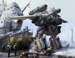 aircraft aircraft_carrier arm_cannon armor battletech blue_helmet blue_jacket commentary crossover earmuffs eldoniousrex english_commentary goggles green_helmet green_jacket helmet jacket macross mecha mechanical_wings military_vehicle non-humanoid_robot outdoors painterly red_helmet redesign robot science_fiction ship ship_deck skull_and_crossbones skull_squadron sky smoke u.n._spacy urbanmech vernier_thrusters warship watercraft weapon white_armor wings yellow_jacket