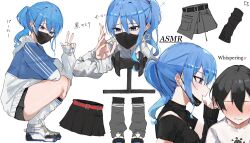 1boy 1girl absurdres asmr black_skirt black_sweater blue_eyes blue_hair earrings english_text from_side highres hololive hoshimachi_suisei jewelry mask mixed-language_text mouth_mask multiple_views pleated_skirt profile skirt solo_focus squatting star_(symbol) star_earrings sweater translation_request v virgo76612871 virtual_youtuber whispering