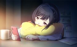 1girl akari_no_mirage_(project_sekai) braid brown_eyes brown_hair colorful_palette covering_own_mouth cup game_cg highres holding holding_phone holding_pillow looking_at_object official_art phone pillow project_sekai shelf shinonome_ena sitting solo table third-party_source