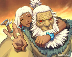 1boy 1girl akuma_(street_fighter) beard bracelet dark-skinned_female dark-skinned_male dark_skin derivative_work earrings elena_(street_fighter) facial_hair highres hug jewelry looking_at_viewer multiple_rings quasimodox red_eyes ring sandals scene_reference smile street_fighter street_fighter_6 white_hair