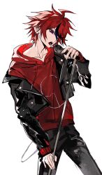 1boy ahoge binxngchng1 black_hair black_jacket black_pants cowboy_shot cropped_jacket highres holding holding_microphone hood hoodie jacket long_sleeves male_focus microphone microphone_stand multicolored_hair music official_alternate_costume open_mouth pants red_eyes red_hair red_hoodie simple_background singing solo streaked_hair sumino_takumi the_hundred_line_-last_defense_academy- white_background
